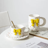 Triogift  -  Bow Ceramic Coffee Cup Dish Set Exquisite Girls Afternoon Tea Coffee Latte Latte Cup Home Breakfast Milk Drink Mug Birthday Gift