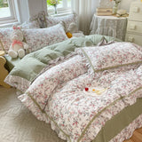 Triogift French Country Style Princess Bedding Set, 100% Cotton, Floral Ruffled Edge, Duvet Cover, Flat, Fitted Bed Sheet, Pillowcases