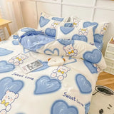 Triogift  Cute Bear Bedding Set Girls Boys Kids Single Double Size Flat Sheet Duvet Cover Pillowcase Bed Linens White Blue Home Textile