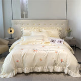 Triogift Flower Embroidery Lace Ruffles Bedding Set Skin-friendly Washed Cotton Princess Style Wedding Duvet Cover Bed Sheet Pillowcases