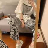 Triogift  Leopard Pajamas Pants for Women Sleep Korean Style Sleepwear Summer Ankle Length Bottoms Home Elastic Waist Room Sleeping Wear