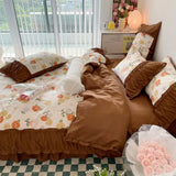 Triogift Princess Style Pleated Lace Autumn and Winter Caramel Color Four-piece Bedding Set Quilt Cover Bed Sheet Bed Skirt Bed Sheet