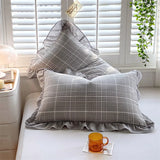 Triogift 48x74cm Washed Cotton Pillowcase Home Bedding Super Soft Plaid Pillow Cover Ruffled Pillow Case Dorm Girl Room Decoration 2pcs