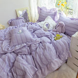 Triogift Purple Princess Bedding Set Duvet Cover Pillowcase Linens Twin Queen King Bed Sheet Set Luxury Solid Color Woman Girl Kawaii Set