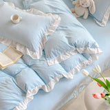 Triogift Korean Princess Style Duvet Cover Set No Filling Pink Blue Soft Washed Cotton Girls Favorite Ruffles Bed Linen Pillowcases