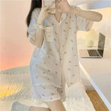 Triogift Peach Print Women Pajama Sets Korean Sleepwear Piiama Sets 2 Pieces Night Wears Summer Pocket Home Suit New Short Sleeve Pyjamas