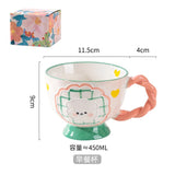 Triogift  -  1pc 450ml Ceramic Hand-painted Embossed Breakfast Mugs Large Capacity Oatmeal Cups Cute Creative Milk Cups Coffee Cups Gifts