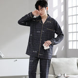 Triogift  New Men Pajamas Set Long Sleeved Pure Cotton Cardigan Lapel External Wear Comfortable Breathable Home Clothing Suit Male Autumn