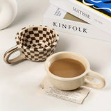 Triogift 1pc 200ml Coffee Mug Ceramic Coffee Cups Brown Plaid Pattern Water Cups Summer Drinkware Kitchen Stuff Home Kitchenware Gifts