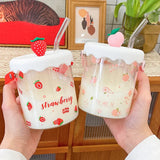 Triogift  -  Kawaii Strawberry Peach Glass Cup For Coffee Water Juice Milk Tea Creative Fruit Portable Glass Cups With Lid Straw Scale Handle