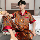 Triogift  High Quality Pajamas Suit Men Summer Ice Silk Short Sleeve Thin  Sleepwear Satin Paisley Print Sleepwear Teen Loungewear Male