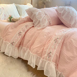 Triogift Pink Korean Princess Style Lace Ruffles Wedding Bedding Set Seersucker Washed Cotton Soft Duvet Cover Set Bed Sheet Pillowcases