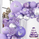 Triogift Macaron Purple Balloons Garland Arch Kit Metallic Purple Silver Latex Balloon Birthday Party 3D Butterfly Background Decoration