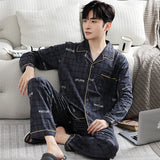 Triogift  New Men Pajamas Set Long Sleeved Pure Cotton Cardigan Lapel External Wear Comfortable Breathable Home Clothing Suit Male Autumn