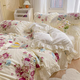 Triogift Korean Style Bedding Sets Luxury 100% Cotton Floral Print Princess Lace Ruffle Duvet Cover Bed Skirt Bedspread Pillowcases