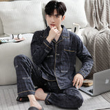 Triogift  New Men Pajamas Set Long Sleeved Pure Cotton Cardigan Lapel External Wear Comfortable Breathable Home Clothing Suit Male Autumn