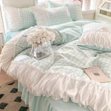 Triogift Ins Princess Style Korean Lace Bed Four-piece Set Bed Skirt Dormitory Bed Sheet Quilt Cover Bedding Set Three-piece