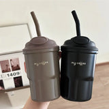 Triogift -  Cute Korean Coffee Cup Thermos With Straw Tumbler 450ml Sainless Steel Thermal Cup Portable Water Bottle Keep Hot Cold Cup Gift