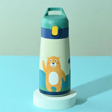 Triogift  -  Kids Stainless Steel Straw Thermos Mug With Case Cartoon Leak-Proof Vacuum Flask Children Thermal Water Bottle Thermocup