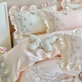 Triogift  100%Cotton Princess Bedding Set Soft Washed Cotton Flowers Embroidery Lace Ruffles Quilt Cover Set Flat/Fitted Sheet Pillowcases