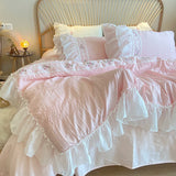 Triogift Pink Korean Princess Style Lace Ruffles Wedding Bedding Set Seersucker Washed Cotton Soft Duvet Cover Set Bed Sheet Pillowcases