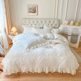 Triogift  100% Cotton Korean Princess Solid White Bedding Sets Ruffle Bedspread Flower Embroidered Duvet Cover Bed Skirt Pillowcases