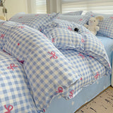 Triogift Ins Princess Blue Grid Duvet Cover with Bowknot Pillowcase Bed Sheet Kids Girls Bedding Set Full Size Cute Kawaii Bedclothes