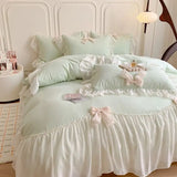 Triogift French Princess Style Bedding Sets Ruffle Lace Bow Quilt Cover Romantic Bedclothes Decor Woman Girls Bedroom