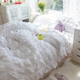 Triogift  Princess Seersucker Kawaii Bedding Set Lovely Ruffles Girl Duvet Cover Set Solid Color Soft Comfortable Bed Sets