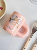 Triogift Pink Cute Kitten Mug for Girls To Drink Breakfast Coffee Milk Cup Ceramic Chubby Handle Christmas Gift