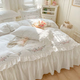 Triogift 100% Cotton Princess White Bedding Sets Korean Ruffle Bedspread Flower Embroidery Duvet Cover Bed Skirt Pillowcases Home Textile