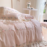 Triogift  Princess Bedding Sets Egyptian Cotton Pink Lace Flowers Embroidery Duvet Cover Bed Sheet Pillowcases Home Textile