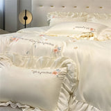 Triogift Flower Embroidery Lace Ruffles Bedding Set Skin-friendly Washed Cotton Princess Style Wedding Duvet Cover Bed Sheet Pillowcases