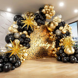 Triogift  Black and Gold Balloons Garland Arch Kit with Starburst Foil Balloons for Wedding Birthday Family Party Decorations Supplies