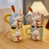 Triogift  -  Korean Style Cute Rabbit Ceramic Mug Cartoon Hand-painted Embossed Coffee Cup Household Milk Cup with Handle Spoon suit