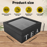 Triogift Wooden 9 Grids Tea Box Tea Bags Container Storage Box Square Gift Box Case Transparent Top Lid Jewelry Storage Box-Black