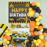 Triogift Construction Balloon Backdrop Disposable Tableware Birthday Decor Boy Excavator Truck Tractor Construction Birthday Party Decor