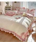 Triogift  Pink Girl Bedding Set Luxury Princess Ruffle Bow Bed Linen Thicken Warm Washed Cotton Quilt Cover Sheet Pillowcase Decor Bedroom