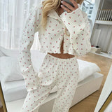 Triogift Summer New Knitted Flower Print Pyjama Long-sleeved Pants Set 2Pcs Outfit Sleepwear Button Down Women's Pajamas Nightwear