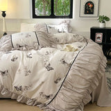 Triogift French Retro Light Luxury Washed Cotton Four Piece Set Bedroom Lace Duvet Set Single Bedding Set Dormitory Bed Linen