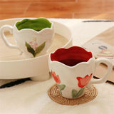 Triogift Korean Style Ins Niche Hand-painted Tulip Bleed Orchid Hand-kneaded Ceramic Cup Office Cute Mug Household Simple Dessert Cup