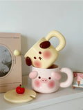 Triogift  -  Cartoon Cute Piggy Mug Stereo Puppy Ears Milk Cup with Fresh Ins Style Office Lid Spoon Ceramic Coffee Cup