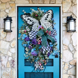 Triogift  Spring Summer Wreath for Front Door Rose Butterfly Simulation Flower Wreath Window Decoration Artificial Wreath Hanging Decor