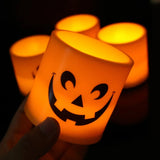 Triogift  Halloween Ghost Face Candle Night Light Yellow Flash Night Lamp Cylindrical Flameless Lights Party Bedroom Table Home Decoration