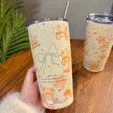 Triogift  -  Kawaii Bear Sainless Steel Thermos Insulated Tumbler For Ice Coffee Tea Beer Juice Cute Korean Water Bottle Cup With Straw 550ml