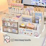 Triogift Desktop Cosmetic Storage Box Organizer Drawer Office Storage Rack Stationery Desk Pen Holder Bunny Drawer Organizer Cute Kawaii