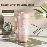 Triogift  -  Lily Of The Valley Design Travel Portable Leakproof Coffee Cup Stainless Steel Insulated Bottle Cold Cup Thermos Cup