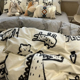 Triogift  Ins Black and White Graffiti Crocodile Kitten Bed Pure Cotton Duvet Cover Bed Sheet