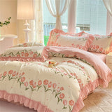 Triogift Fashion Flower Bedding Set Bed Sheet Cute Princess AB Double Sided Ruffle Flower Quilt Cover Pillowcase Bedclothes Home Textiles