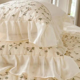 Triogift Elegant French Style Floral Lace Ruffles Embroidery Princess Wedding 100% Cotton Bedding Set Duvet Cover Bed Sheet Pillowcases